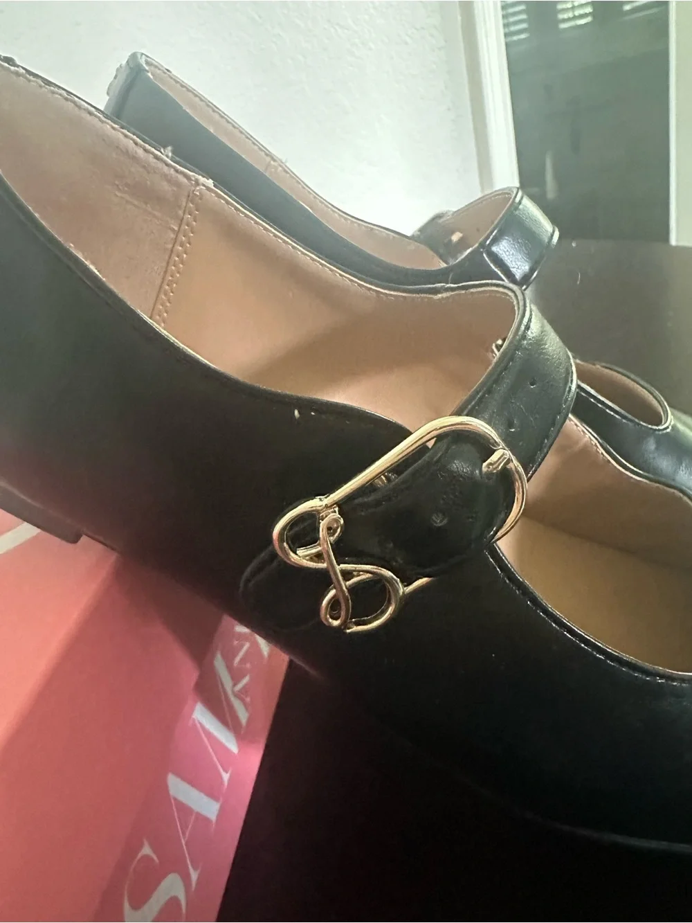 Sam & Libby Black Mary Jane Flats with Gold Buckle